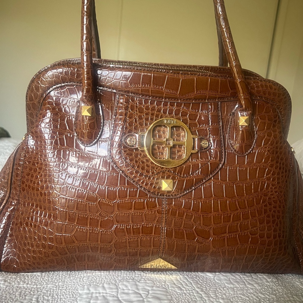 Iman Handbag Brown Faux Leather Croc Shoulder Purse casual elegant